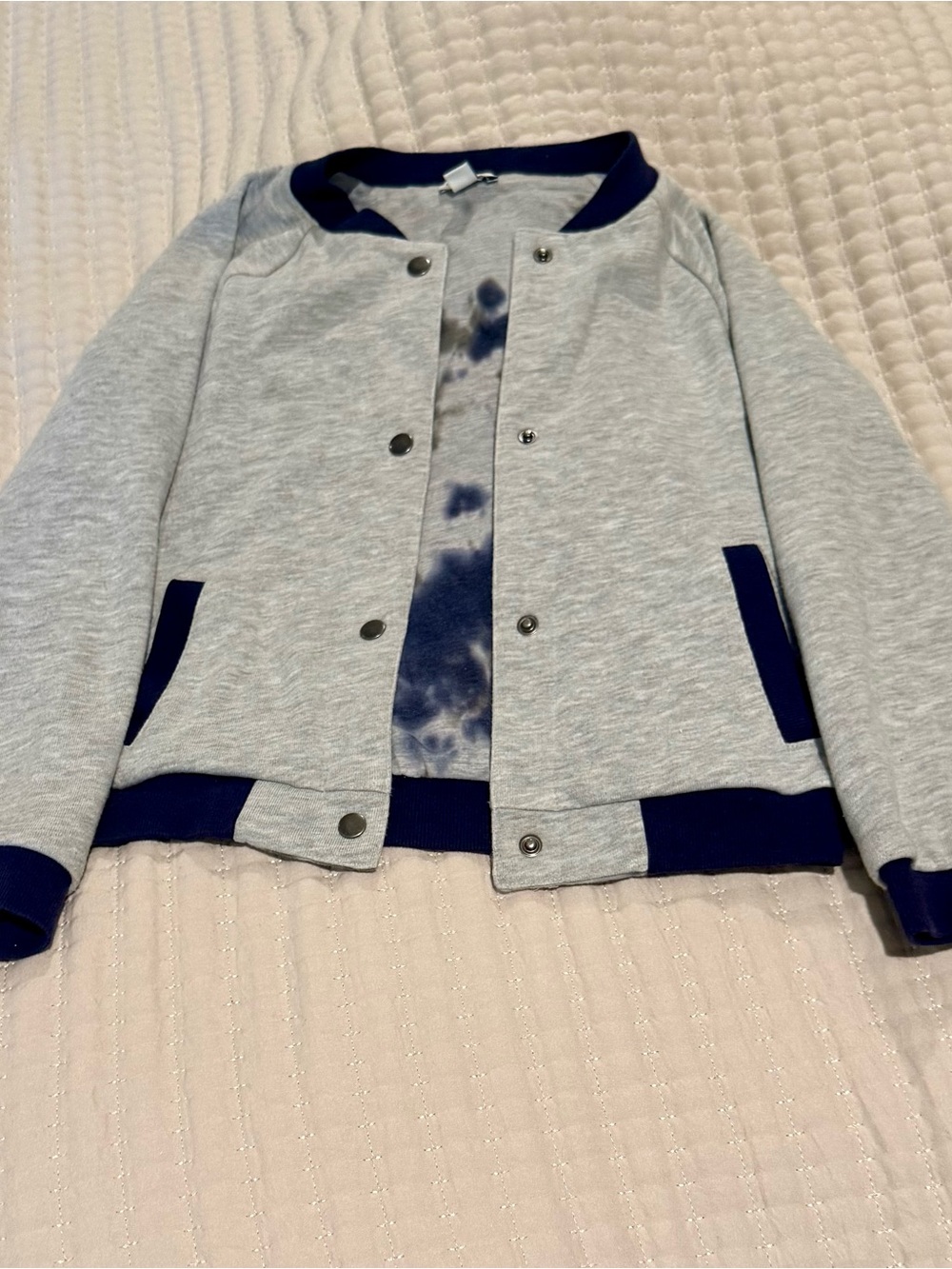 Splendid Light Gray Bomber Jacket with Navy Trim
